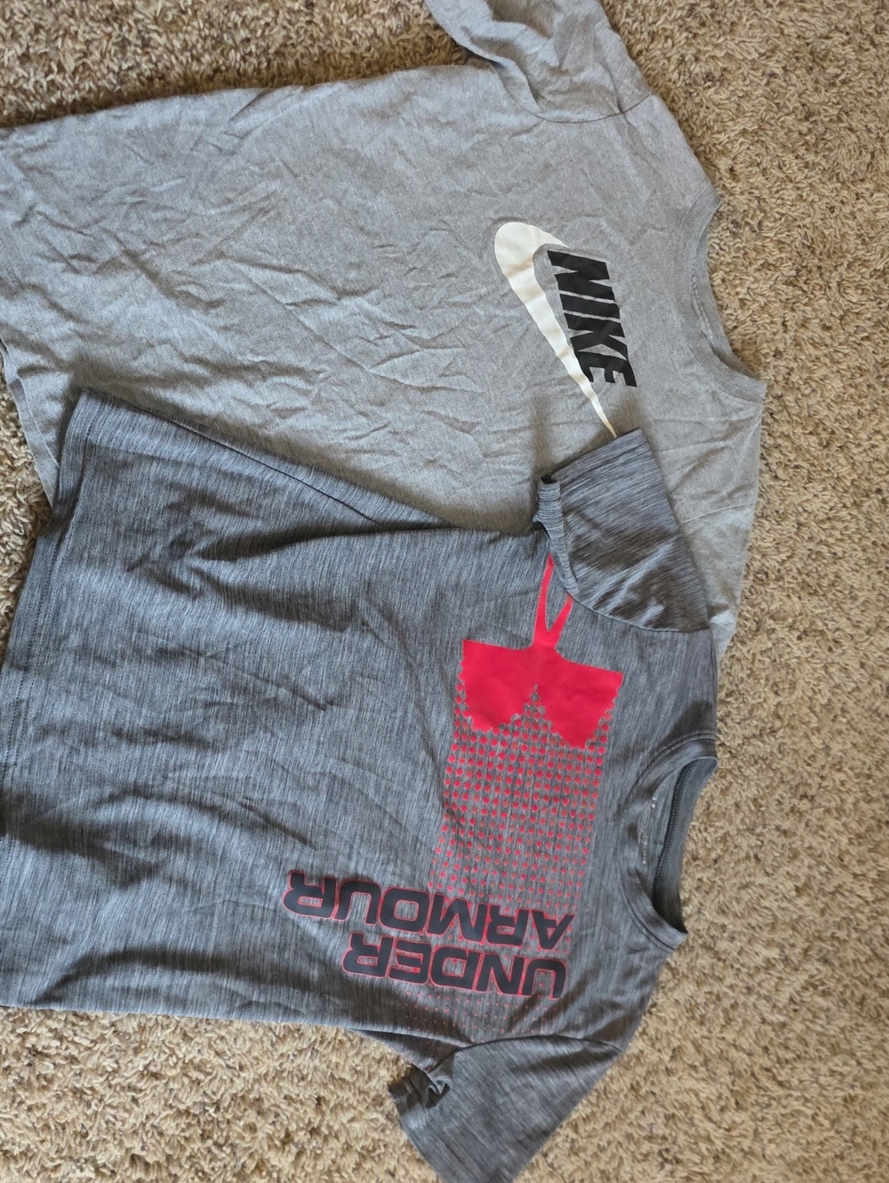 Nike Kids Gray Tee with White Swoosh & Gray Under Armour Tee with Red Graphic